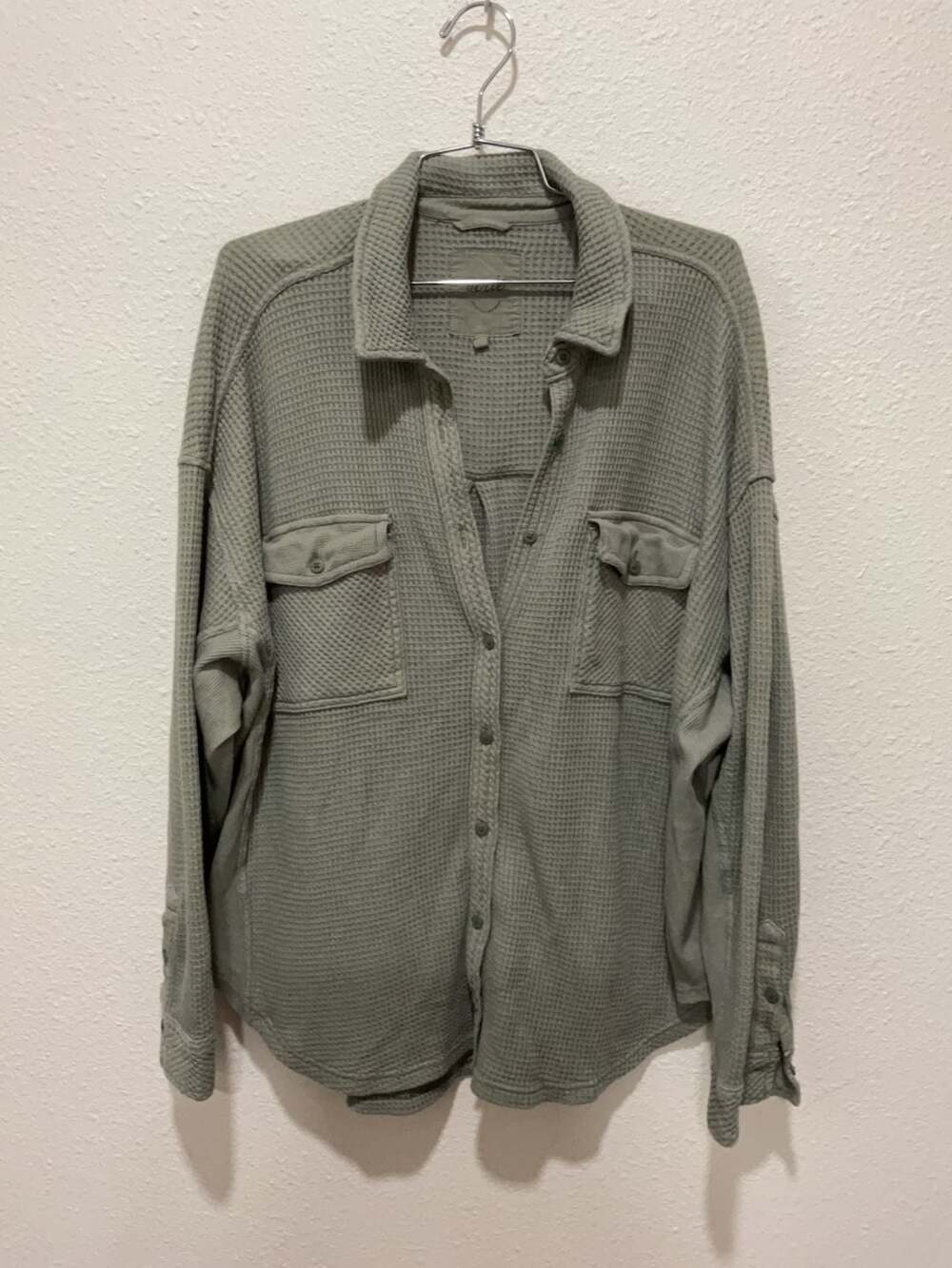 Aerie Waffle Knit Button-Down Shirt Olive Green Size M